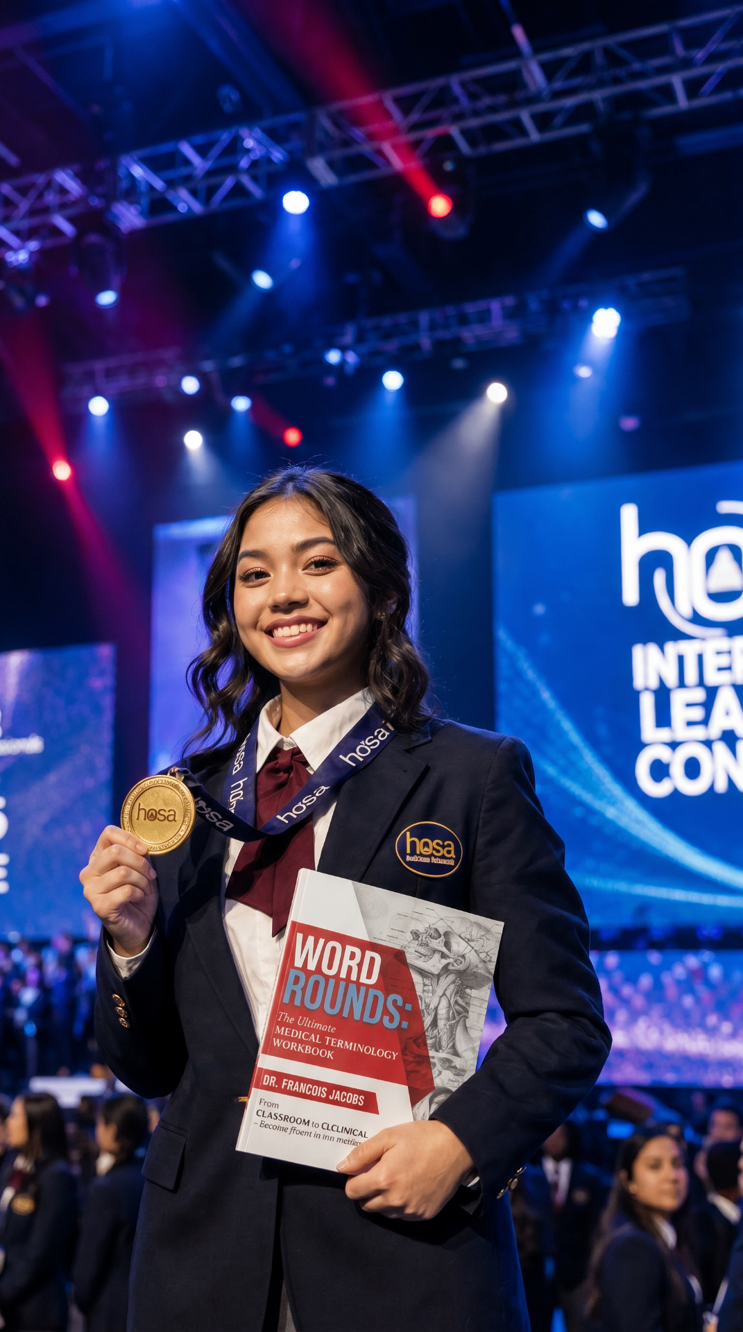 HOSA medical terminology competitor holding a gold medal and the Word Rounds workbook